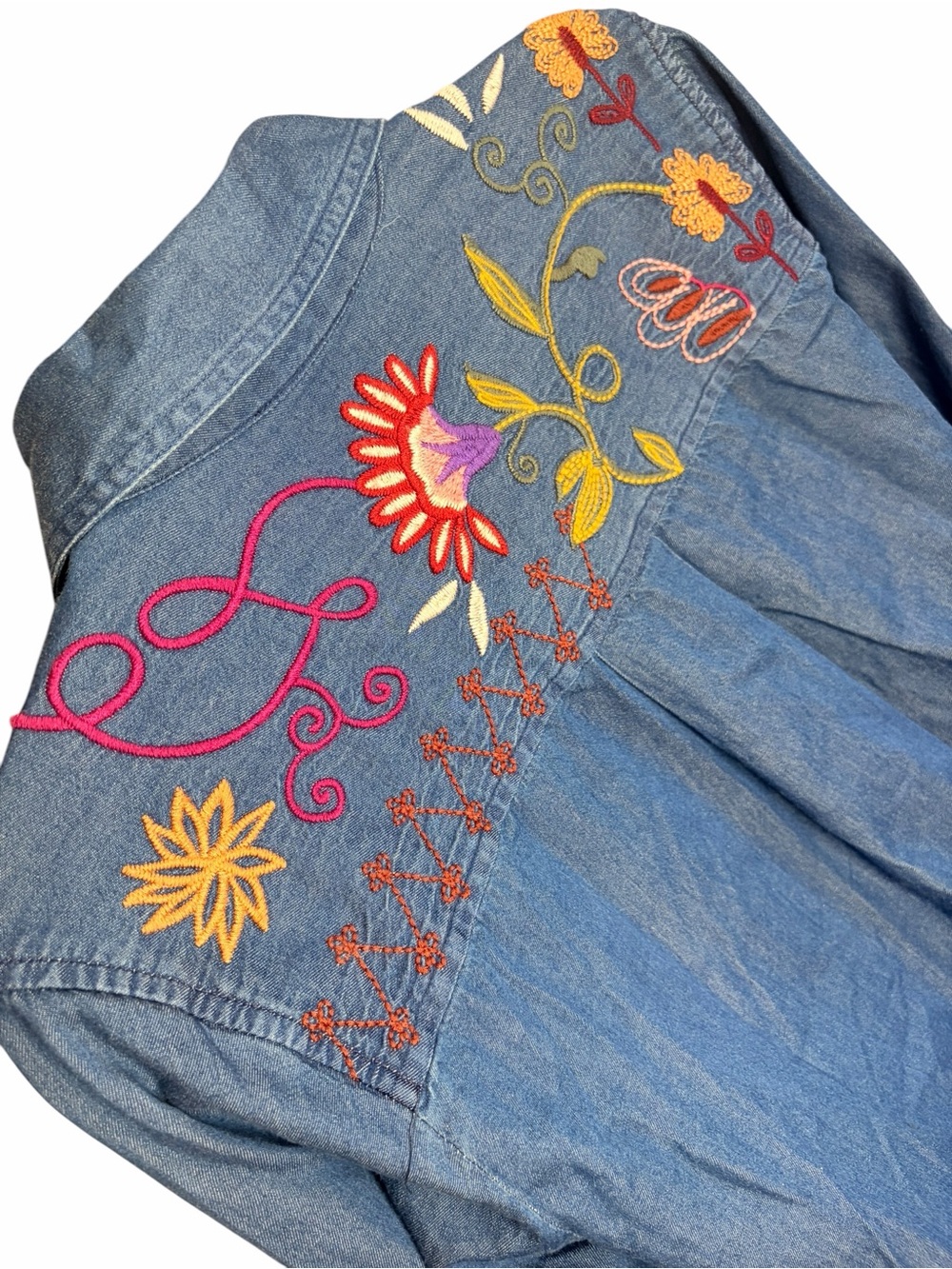 Johnny Was Workshop Blue Embroidered Floral Butterfly Denim Button-Down Shirt - Picture 2 of 4
